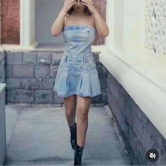 ZARA TRF Strapless Pleated Denim Mini Dress XL NWT | Y2K Corset Tube Style - Picture 2 of 14